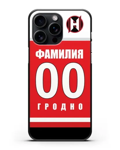 Именной чехол ХК Неман Гродно с фамилией и номером (сезон 2018-2019) красная форма силиконовый для iPhone 15 Pro Max