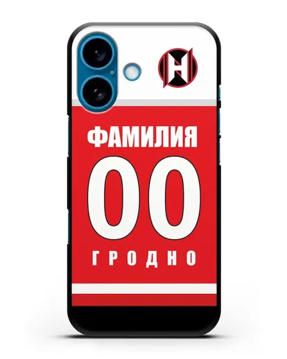 Именной чехол ХК Неман Гродно с фамилией и номером (сезон 2018-2019) красная форма силиконовый для iPhone 16