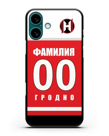 Именной чехол ХК Неман Гродно с фамилией и номером (сезон 2018-2019) красная форма силиконовый для iPhone 16 Plus