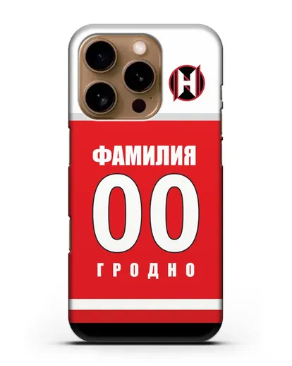 Именной чехол ХК Неман Гродно с фамилией и номером (сезон 2018-2019) красная форма силиконовый для iPhone 16 Pro
