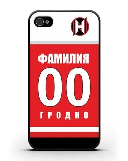 Именной чехол ХК Неман Гродно с фамилией и номером (сезон 2018-2019) красная форма силиконовый для iPhone 4/4s