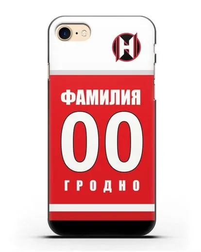 Именной чехол ХК Неман Гродно с фамилией и номером (сезон 2018-2019) красная форма силиконовый для iPhone 7