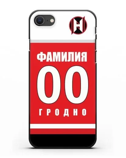 Именной чехол ХК Неман Гродно с фамилией и номером (сезон 2018-2019) красная форма силиконовый для iPhone SE 2020