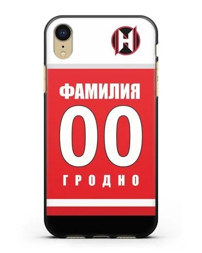 Именной чехол ХК Неман Гродно с фамилией и номером (сезон 2018-2019) красная форма силиконовый для iPhone XR