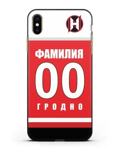 Именной чехол ХК Неман Гродно с фамилией и номером (сезон 2018-2019) красная форма силиконовый для iPhone XS Max