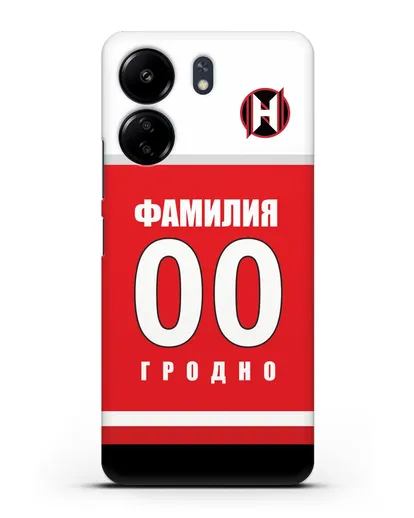Именной чехол ХК Неман Гродно с фамилией и номером (сезон 2018-2019) красная форма силиконовый для Xiaomi Poco C65