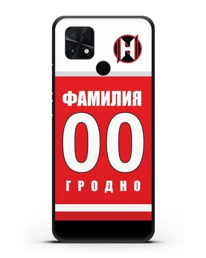 Именной чехол ХК Неман Гродно с фамилией и номером (сезон 2018-2019) красная форма силиконовый для Xiaomi Poco C40