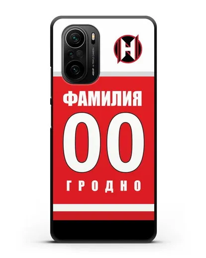 Именной чехол ХК Неман Гродно с фамилией и номером (сезон 2018-2019) красная форма силиконовый для Xiaomi Poco F3 Pro