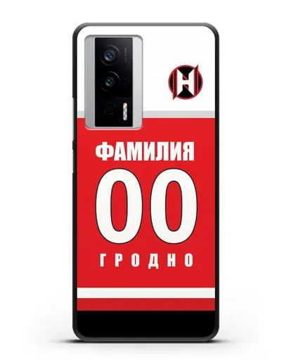 Именной чехол ХК Неман Гродно с фамилией и номером (сезон 2018-2019) красная форма силиконовый для Xiaomi Poco F5 Pro