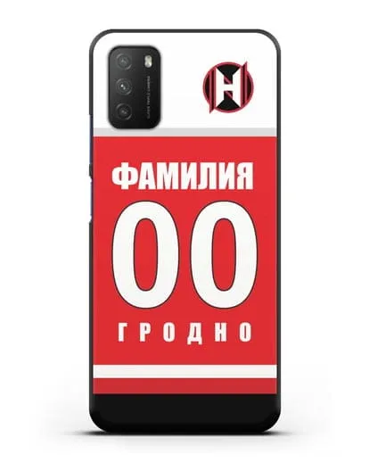 Именной чехол ХК Неман Гродно с фамилией и номером (сезон 2018-2019) красная форма силиконовый для Xiaomi Poco M3
