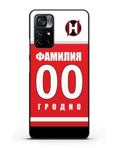 Именной чехол ХК Неман Гродно с фамилией и номером (сезон 2018-2019) красная форма силиконовый для Xiaomi Poco M4 Pro 5G