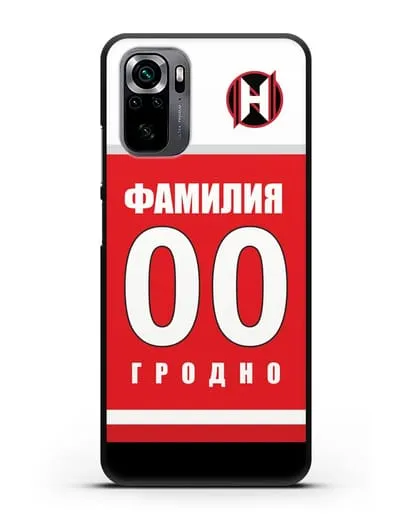 Именной чехол ХК Неман Гродно с фамилией и номером (сезон 2018-2019) красная форма силиконовый для Xiaomi Poco M5s