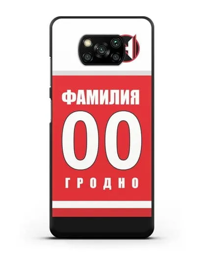 Именной чехол ХК Неман Гродно с фамилией и номером (сезон 2018-2019) красная форма силиконовый для Xiaomi Poco X3