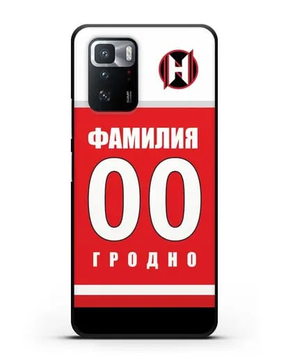 Именной чехол ХК Неман Гродно с фамилией и номером (сезон 2018-2019) красная форма силиконовый для Xiaomi Poco X3 GT