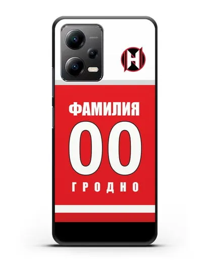 Именной чехол ХК Неман Гродно с фамилией и номером (сезон 2018-2019) красная форма силиконовый для Xiaomi Poco X5