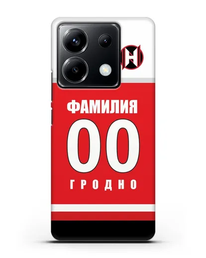 Именной чехол ХК Неман Гродно с фамилией и номером (сезон 2018-2019) красная форма силиконовый для Xiaomi Poco X6
