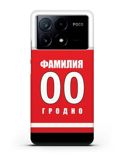Именной чехол ХК Неман Гродно с фамилией и номером (сезон 2018-2019) красная форма силиконовый для Xiaomi Poco X6 Pro