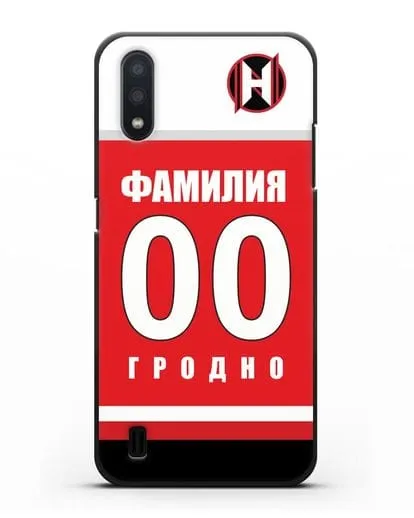 Именной чехол ХК Неман Гродно с фамилией и номером (сезон 2018-2019) красная форма силиконовый для Samsung Galaxy A01 [SM-A015F]