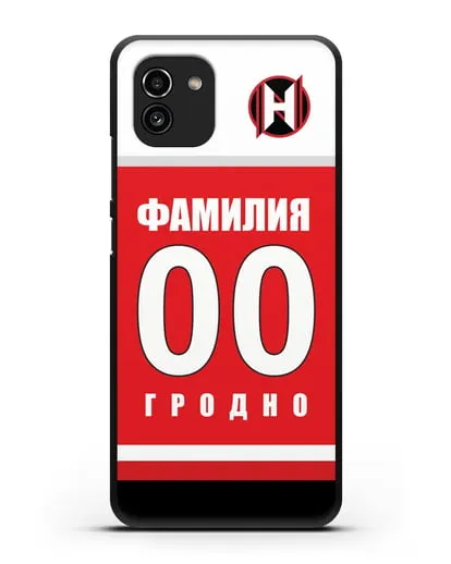 Именной чехол ХК Неман Гродно с фамилией и номером (сезон 2018-2019) красная форма силиконовый для Samsung Galaxy A03 [SM-A035]