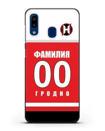 Именной чехол ХК Неман Гродно с фамилией и номером (сезон 2018-2019) красная форма силиконовый для Samsung Galaxy A20 [SM-A205FN]