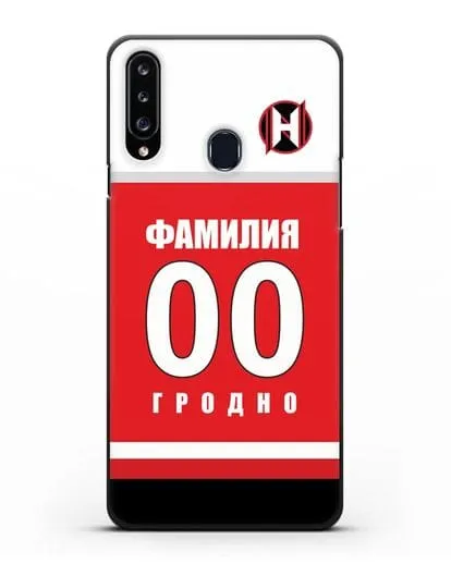 Именной чехол ХК Неман Гродно с фамилией и номером (сезон 2018-2019) красная форма силиконовый для Samsung Galaxy A20s [SM-A207FN]