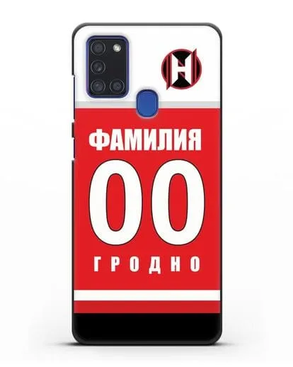 Именной чехол ХК Неман Гродно с фамилией и номером (сезон 2018-2019) красная форма силиконовый для Samsung Galaxy A21s [SM-A217F]
