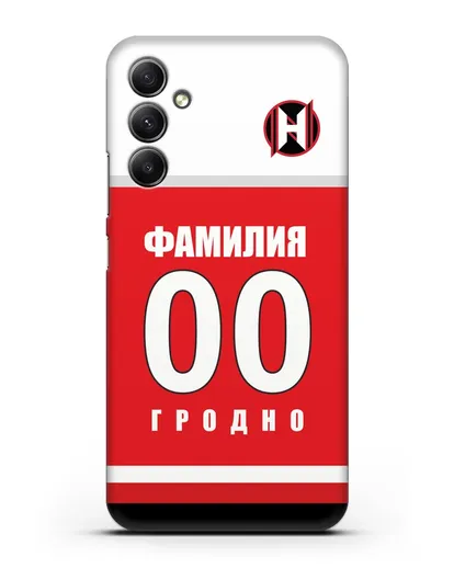 Именной чехол ХК Неман Гродно с фамилией и номером (сезон 2018-2019) красная форма силиконовый для Samsung Galaxy A34 [SM-A346]