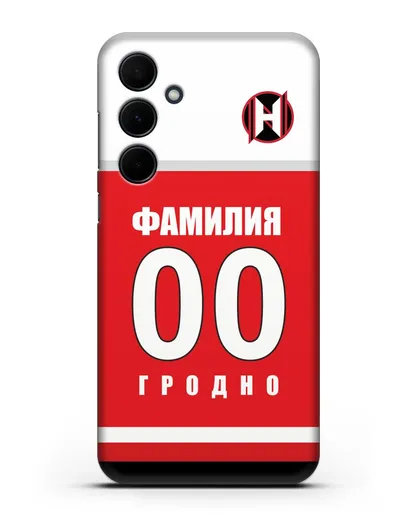 Именной чехол ХК Неман Гродно с фамилией и номером (сезон 2018-2019) красная форма силиконовый для Samsung Galaxy A35 [SM-A356]