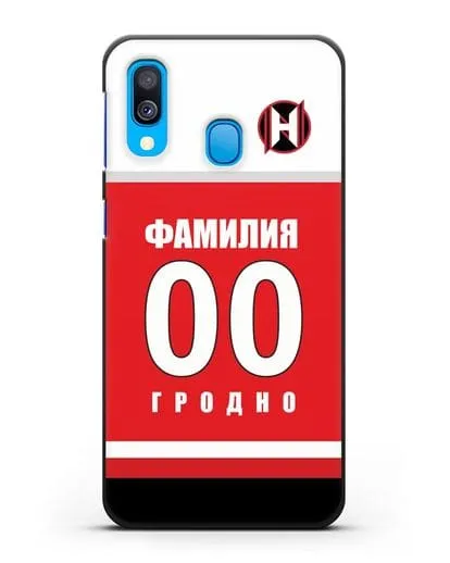Именной чехол ХК Неман Гродно с фамилией и номером (сезон 2018-2019) красная форма силиконовый для Samsung Galaxy A40 [SM-A405F]
