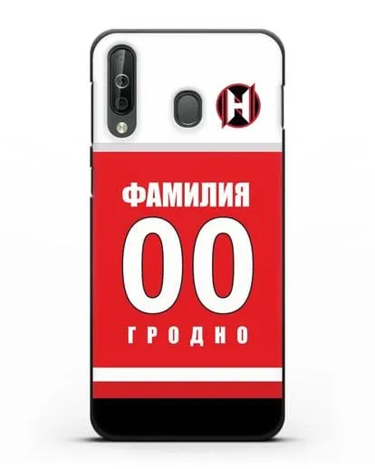 Именной чехол ХК Неман Гродно с фамилией и номером (сезон 2018-2019) красная форма силиконовый для Samsung Galaxy A40s [SM-A507FN]