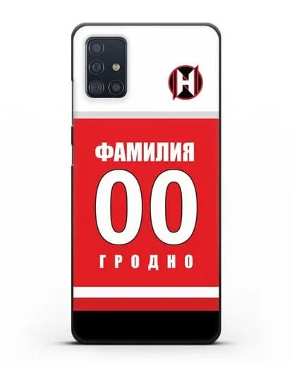 Именной чехол ХК Неман Гродно с фамилией и номером (сезон 2018-2019) красная форма силиконовый для Samsung Galaxy A51 [SM-A515F]