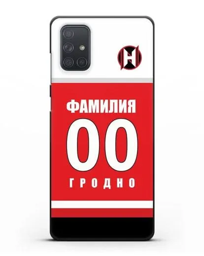 Именной чехол ХК Неман Гродно с фамилией и номером (сезон 2018-2019) красная форма силиконовый для Samsung Galaxy A71 [SM-A715F]