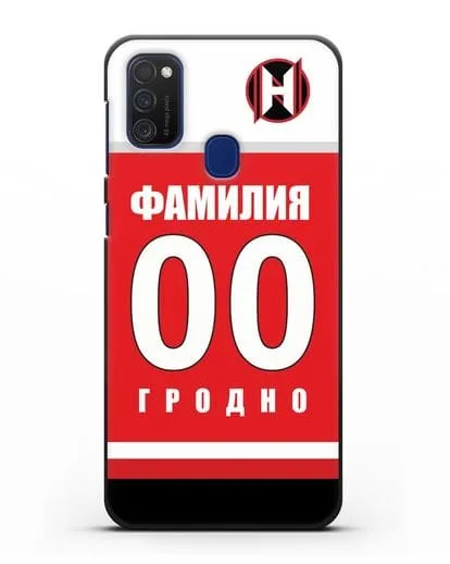 Именной чехол ХК Неман Гродно с фамилией и номером (сезон 2018-2019) красная форма силиконовый для Samsung Galaxy M21 [SM-M215F]