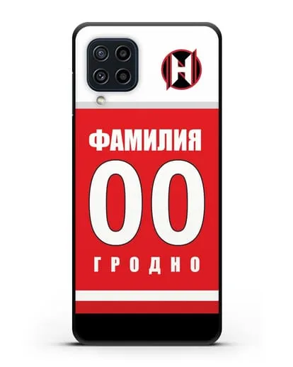 Именной чехол ХК Неман Гродно с фамилией и номером (сезон 2018-2019) красная форма силиконовый для Samsung Galaxy M22 [M225F]