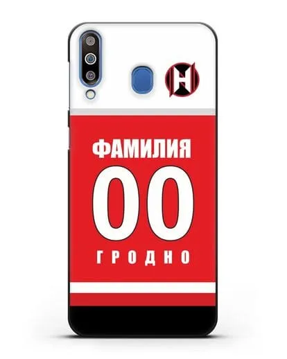 Именной чехол ХК Неман Гродно с фамилией и номером (сезон 2018-2019) красная форма силиконовый для Samsung Galaxy M30 [SM-M305F]