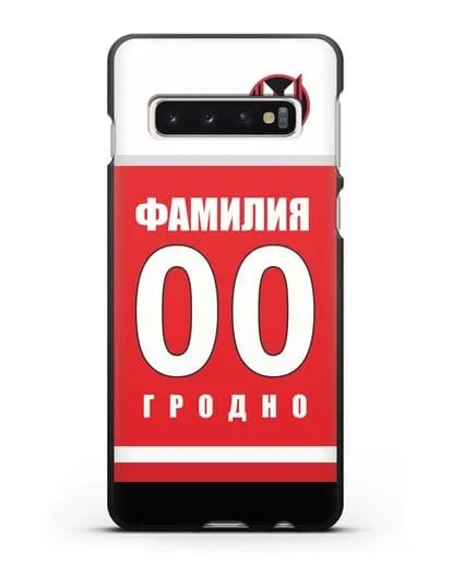 Именной чехол ХК Неман Гродно с фамилией и номером (сезон 2018-2019) красная форма силиконовый для Samsung Galaxy S10 [SM-G973F]