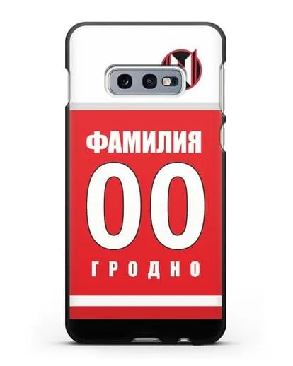 Именной чехол ХК Неман Гродно с фамилией и номером (сезон 2018-2019) красная форма силиконовый для Samsung Galaxy S10e [SM-G970F]