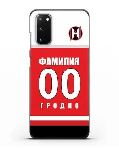 Именной чехол ХК Неман Гродно с фамилией и номером (сезон 2018-2019) красная форма силиконовый для Samsung Galaxy S20 [SM-G980F]
