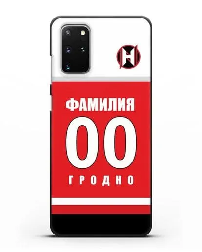 Именной чехол ХК Неман Гродно с фамилией и номером (сезон 2018-2019) красная форма силиконовый для Samsung Galaxy S20 Plus [SM-G985F]