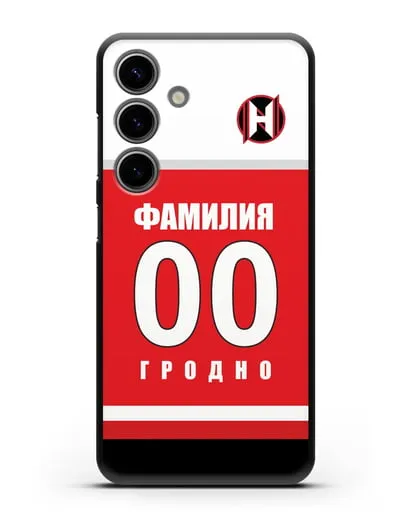 Именной чехол ХК Неман Гродно с фамилией и номером (сезон 2018-2019) красная форма силиконовый для Samsung Galaxy S24