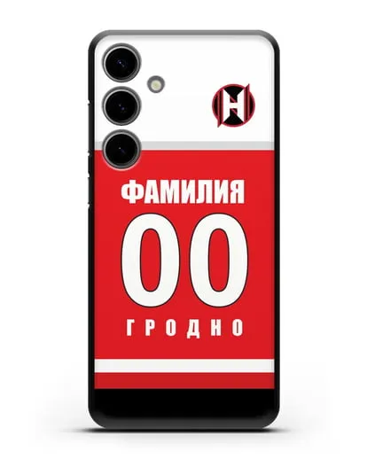 Именной чехол ХК Неман Гродно с фамилией и номером (сезон 2018-2019) красная форма силиконовый для Samsung Galaxy S24 Plus