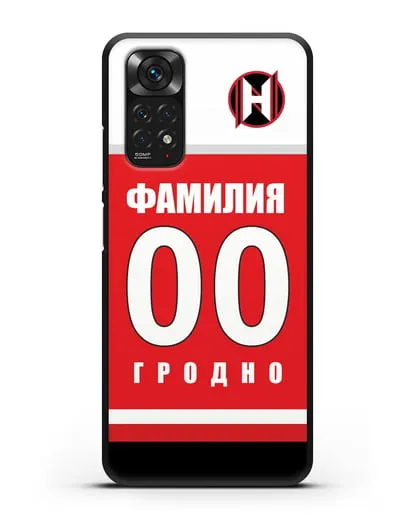 Именной чехол ХК Неман Гродно с фамилией и номером (сезон 2018-2019) красная форма силиконовый для Xiaomi Redmi Note 11S