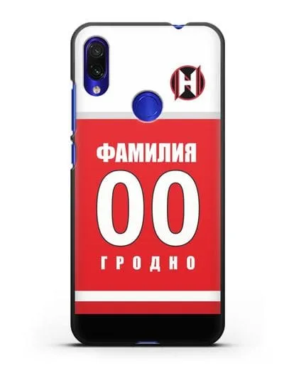 Именной чехол ХК Неман Гродно с фамилией и номером (сезон 2018-2019) красная форма силиконовый для Xiaomi Redmi Note 7