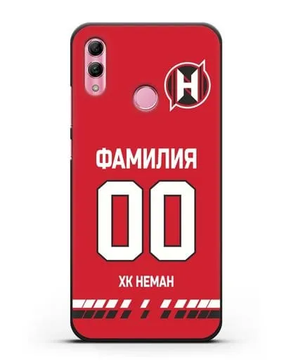 Именной чехол ХК Неман Гродно с фамилией и номером (сезон 2019-2020) красная форма силиконовый для Honor 10 Lite