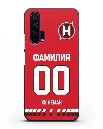 Именной чехол ХК Неман Гродно с фамилией и номером (сезон 2019-2020) красная форма силиконовый для Honor 20 Pro