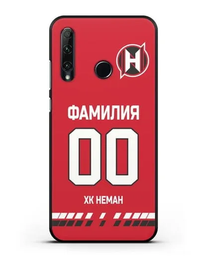 Именной чехол ХК Неман Гродно с фамилией и номером (сезон 2019-2020) красная форма силиконовый для Honor 20e