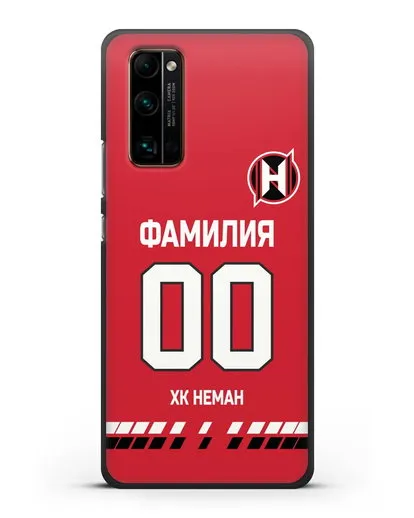 Именной чехол ХК Неман Гродно с фамилией и номером (сезон 2019-2020) красная форма силиконовый для Honor 30 Pro