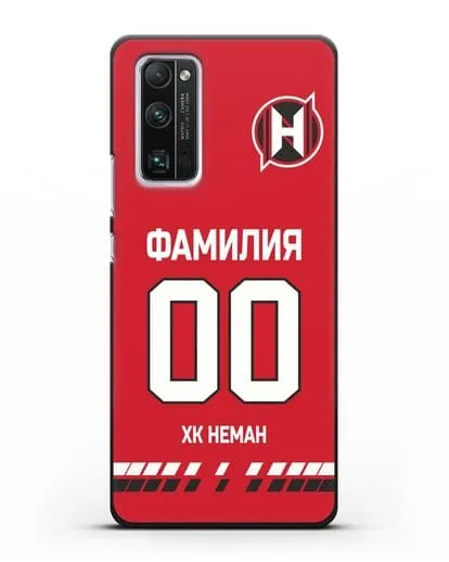 Именной чехол ХК Неман Гродно с фамилией и номером (сезон 2019-2020) красная форма силиконовый для Honor 30 Pro Plus