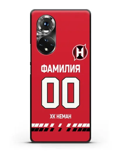 Именной чехол ХК Неман Гродно с фамилией и номером (сезон 2019-2020) красная форма силиконовый для Honor 50
