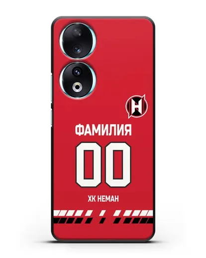 Именной чехол ХК Неман Гродно с фамилией и номером (сезон 2019-2020) красная форма силиконовый для Honor 90